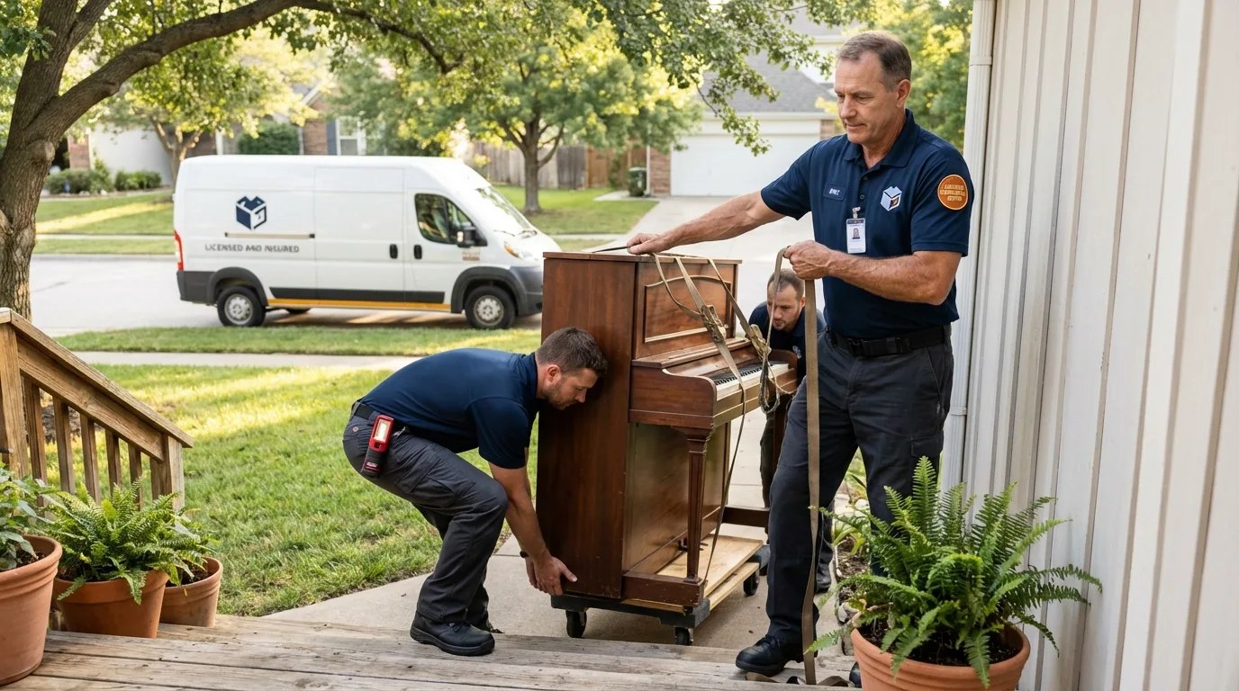 Licensed piano movers securing grand piano in Solomons, MD