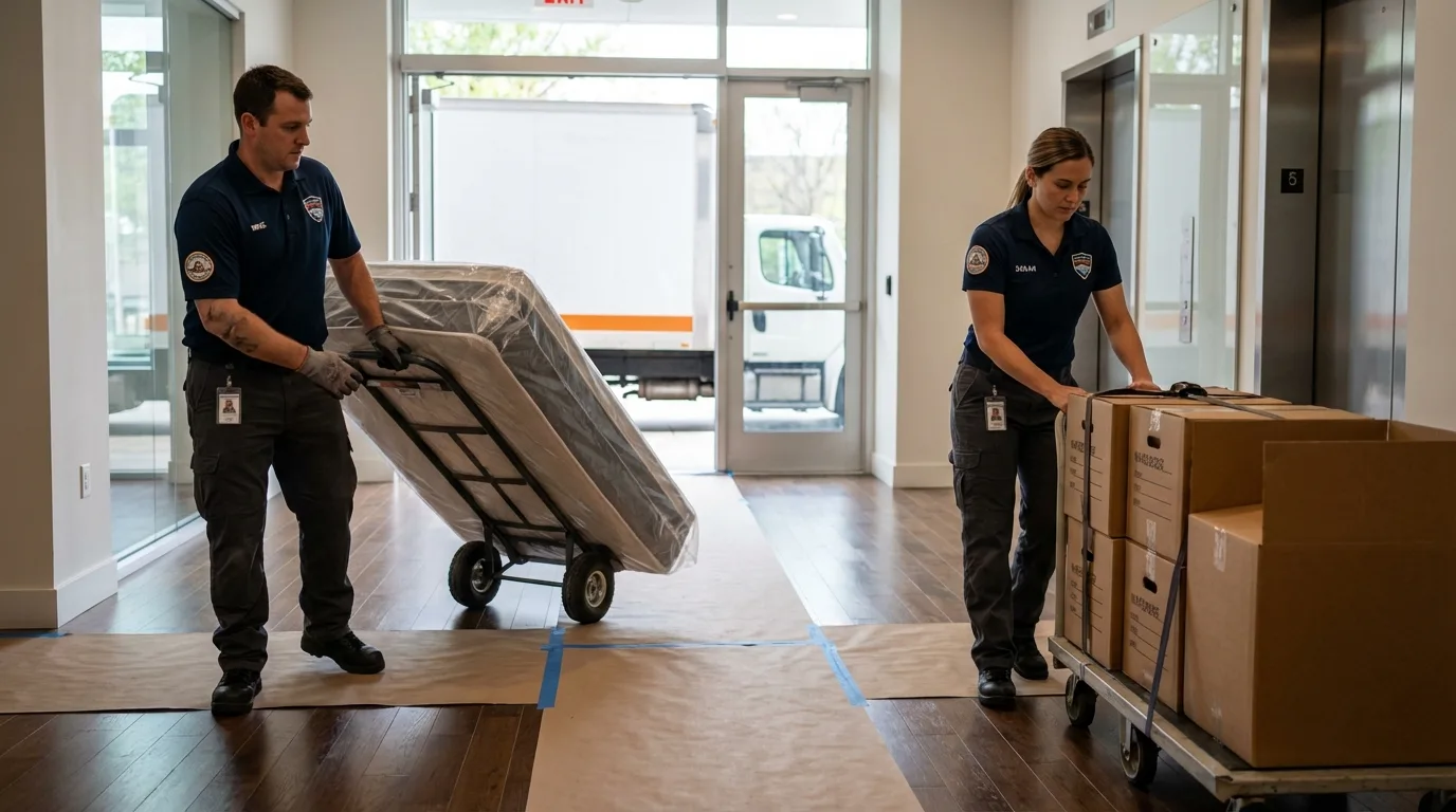 Professional apartment movers loading elevator in Solomons, MD